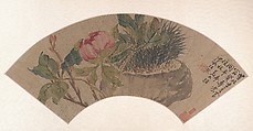 Peony, Ren Xiong (Chinese, 1823–1857), Folding fan mounted as an album leaf; ink and color on gold-flecked paper, China