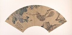 Squirrel and Grape, Liu Deliu  Chinese, Folding fan mounted as an album leaf; ink and color on alum paper, China