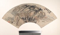 Landscape, Hu Yuan  Chinese, Folding fan mounted as an album leaf; ink and color on gold-flecked paper, China