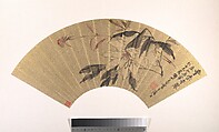 Herbaceous Peony, Hu Yuan  Chinese, Folding fan mounted as an album leaf; ink and color on gold paper, China