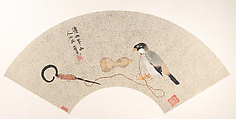 Bird, Ju Chao Chinese, Folding fan mounted as an album leaf; ink and color on gold-flecked paper, China