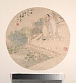 Zhou Dunyi admiring lotus flowers, Shu Hao Chinese, Fan-shaped album leaf; ink and color on silk, China