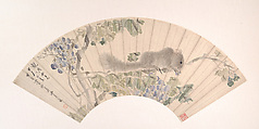 Squirrel and Grapes, Sha Fu Chinese, Folding fan mounted as an album leaf; ink and color on alum paper, China