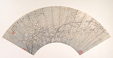 Plum, Jin Lan Chinese, Folding fan mounted as an album leaf; ink and color on alum paper, China