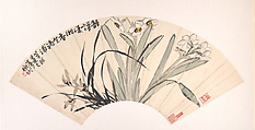 Narcissus and Orchid, Chen Hengke  Chinese, Folding fan mounted as an album leaf; ink and color on alum paper, China