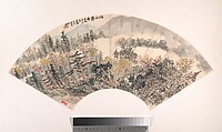 Remote Temple on the Autumn Mountain, Chen Hengke  Chinese, Folding fan mounted as an album leaf; ink and color on alum paper, China