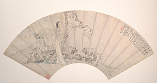 Woman in a garden, Qian Huian  Chinese, Folding fan mounted as an album leaf; ink and color on alum paper, China