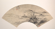 Misty Rain on the River in Spring, Wu Shixian  Chinese, Folding fan mounted as an album leaf; ink on gold-flecked paper, China