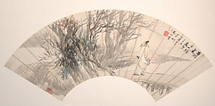 Scholar on the Bridge, Ni Tian  Chinese, Folding fan mounted as an album leaf; ink and color on alum paper, China