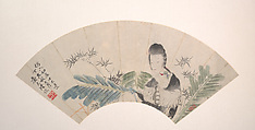 A Beauty, Lu Hui  Chinese, Folding fan mounted as an album leaf; ink and color on alum paper, China