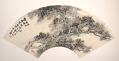 Pine, Yang Yi  Chinese, Folding fan mounted as an album leaf; ink and color on alum paper, China