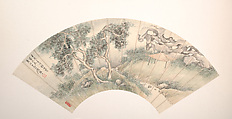Pavilion beside a rock garden and stream, Gu Linshi  Chinese, Folding fan mounted as an album leaf; ink and color on alum paper, China