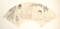 Woman by a window beneath a wutong tree, Yu Ming  Chinese, Folding fan mounted as an album leaf; ink and color on paper, China