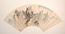 Strange Pine in the Yellow Mountain, Zhang Shanzi  Chinese, Folding fan mounted as an album leaf; ink and color on alum paper, China