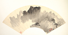 Pine in the misty Mountains, Xie Zhiliu Chinese, Folding fan mounted as an album leaf; ink on alum paper, China