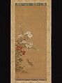 Quail and Autumn Flowers, Tosa Mitsuoki (Japanese, 1617–1691), Hanging scroll; ink and color on silk, Japan