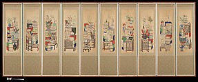 Books and Scholars' Possessions, Unidentified artist, Ten-panel folding screen; ink and color on silk, Korea