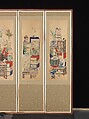 Books and Scholars' Possessions, Unidentified artist, Ten-panel folding screen; ink and color on silk, Korea