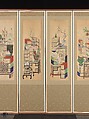 Books and Scholars' Possessions, Unidentified artist, Ten-panel folding screen; ink and color on silk, Korea