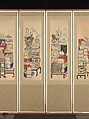 Books and Scholars' Possessions, Unidentified artist, Ten-panel folding screen; ink and color on silk, Korea
