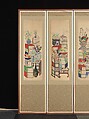 Books and Scholars' Possessions, Unidentified artist, Ten-panel folding screen; ink and color on silk, Korea