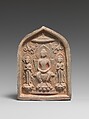 Votive Tablet with Buddhist Triad, Earthenware with traces of pigment, China