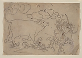 Durga Confronts the Buffalo Demon Mahisha: Scene from the Devi Mahatmya, Attributed to a first-generation master after Nainsukh (active ca. 1735–78), Charcoal and opaque watercolor on paper, India (Himachal Pradesh, Guler)