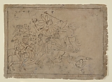 Durga, Kali, and the Matrikas Battle the Demon Raktabija: Scene from the Devi Mahatmya, Attributed to a first-generation master after Nainsukh (active ca. 1735–78), Ink, ocher and underdrawing, India (Himachal Pradesh, Guler)