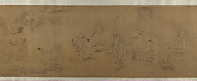 Buddhist luohans crossing the sea to the palace of the dragon king, Unidentified artist  , fake signature of Li Gonglin (ca. 1041–1106), Handscroll; ink on silk, China