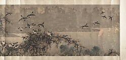 Landscape with White-Breasted Crows, Attributed to Zha Shibiao (Chinese, 1615–1698), Handscroll; ink and color on paper, China
