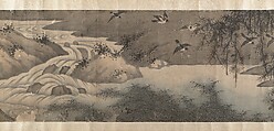 Landscape with White-Breasted Crows, Attributed to Zha Shibiao (Chinese, 1615–1698), Handscroll; ink and color on paper, China