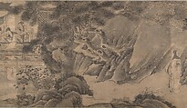Gathering at the Orchid Pavilion, Qian Gong (Chinese, active 1573–1619), Handscroll; ink on figured damask, China