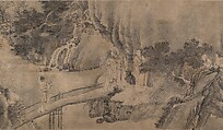 Gathering at the Orchid Pavilion, Qian Gong (Chinese, active 1573–1619), Handscroll; ink on figured damask, China