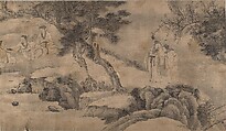 Gathering at the Orchid Pavilion, Qian Gong (Chinese, active 1573–1619), Handscroll; ink on figured damask, China