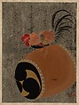 Cock on Drum, Shibata Zeshin Japanese, Album leaf; lacquer on silver paper, Japan