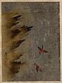 Birds and Jutting Rocks, Shibata Zeshin Japanese, Album leaf; brown and gold lacquer on silver paper, Japan