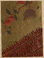 Persimmons Branch and Wasp Nest above a Hedge, Shibata Zeshin Japanese, Album leaf; lacquer on gold paper, Japan