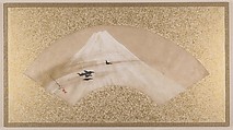 Mountains with Birds, Shibata Zeshin (Japanese, 1807–1891), Fan painting mounted as album leaf; tempera on paper, Japan