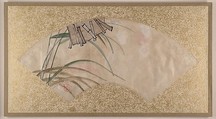 Flowers (pink and white) and Leaves, Clappers, Shibata Zeshin (Japanese, 1807–1891), Fan painting mounted as album leaf; tempera on paper, Japan
