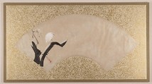 Egret on Tree Stump, Shibata Zeshin (Japanese, 1807–1891), Fan painting mounted as album leaf; tempera on paper, Japan