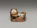 One of a Pair of Incense Boxes in the Shape of Dog Charms, Porcelain with overglaze enamels (Minpei kilns), Japan