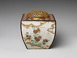 Ninsei-style Incense Burner with Flowers of the Four Seasons, Workshop of Nonomura Ninsei (Japanese, active ca. 1646–94), Stoneware with polychrome overglaze enamels and gold; openwork gilt-bronze cover (Kyoto ware), Japan