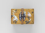 Box, Lacquered wood with gold and silver hiramaki-e, mother-of-pearl inlay on black lacquer ground; leather strap with metal fittings, Japan