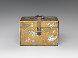 Box, Lacquered wood with gold and silver hiramaki-e, mother-of-pearl inlay on black lacquer ground; leather strap with metal fittings, Japan