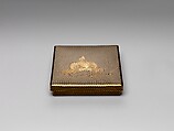 Box for Square Calligraphy Paper (shikishi-bako) with a Bugaku Helmet on Checkered Ground, Lacquered wood with gold takamaki-e, hiramaki-e, togidashimaki-e, gold foil application on black lacquer ground, Japan