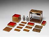 Picnic Set with Design of Chrysanthemum Sprays, Boxes and trays: gold maki-e on nashiji; lacquer ground; sake bottles: pewter, Japan