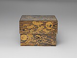 Box for Hair Ornaments (motoyui-bako) with Pine, Bamboo, Plum, and Tokugawa Family Crest on Wood-Grain Ground, Lacquered wood with gold, silver takamaki-e, hiramaki-e, togidashimaki-e, gold and silver foil application, gold and silver inlay on wood-grain lacquer ground, Japan