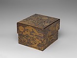 Box for Hair Ornaments (motoyui-bako) with Pine, Bamboo, Plum, and Tokugawa Family Crest on Wood-Grain Ground, Lacquered wood with gold, silver takamaki-e, hiramaki-e, togidashimaki-e, gold and silver foil application, gold and silver inlay on wood-grain lacquer ground, Japan