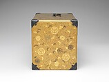 Portable Writing Cabinet with Tokugawa Family Crests, Chrysanthemums, and Foliage Scrolls, Kōami School (active second half of the 18th century), Lacquered wood with gold and silver takamaki-e, hiramaki-e, and applied gold foil on nashiji ground, Japan