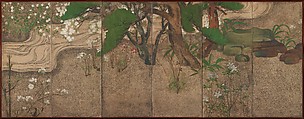 Spring Trees and Grasses by a Stream, One of a pair of six-panel folding screens; ink, color, gold, and silver on paper, Japan